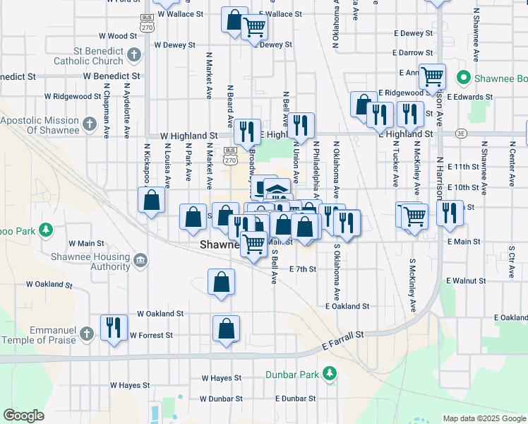 map of restaurants, bars, coffee shops, grocery stores, and more near 226 North Bell Avenue in Shawnee