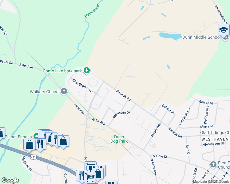 map of restaurants, bars, coffee shops, grocery stores, and more near 1911 Friendly Road in Dunn
