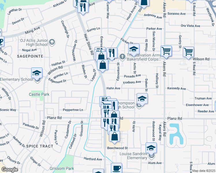map of restaurants, bars, coffee shops, grocery stores, and more near 4813 Capella Court in Bakersfield