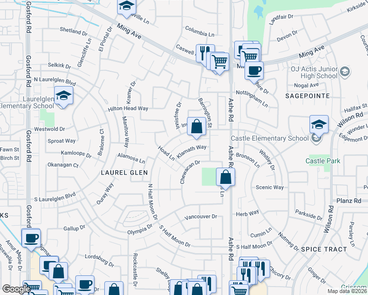 map of restaurants, bars, coffee shops, grocery stores, and more near 6904 North Half Moon Drive in Bakersfield
