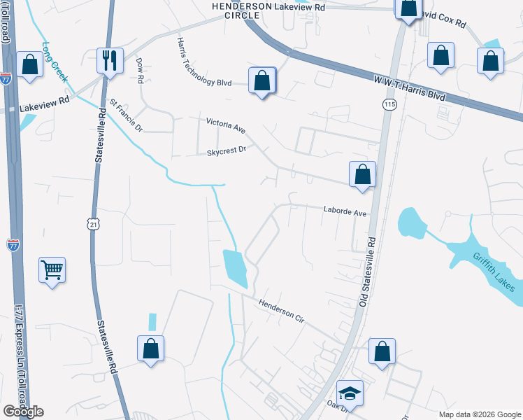 map of restaurants, bars, coffee shops, grocery stores, and more near 21 West Holly Vista Drive in Charlotte