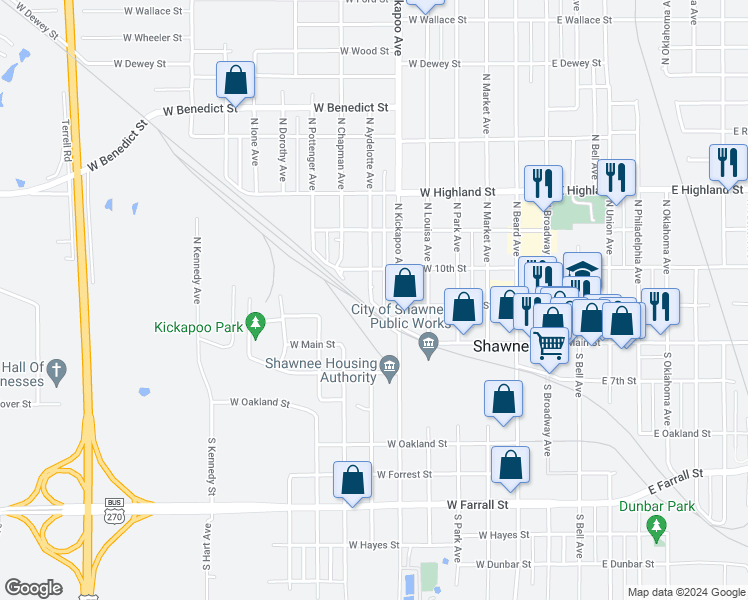 map of restaurants, bars, coffee shops, grocery stores, and more near 201 South Aydelotte Avenue in Shawnee