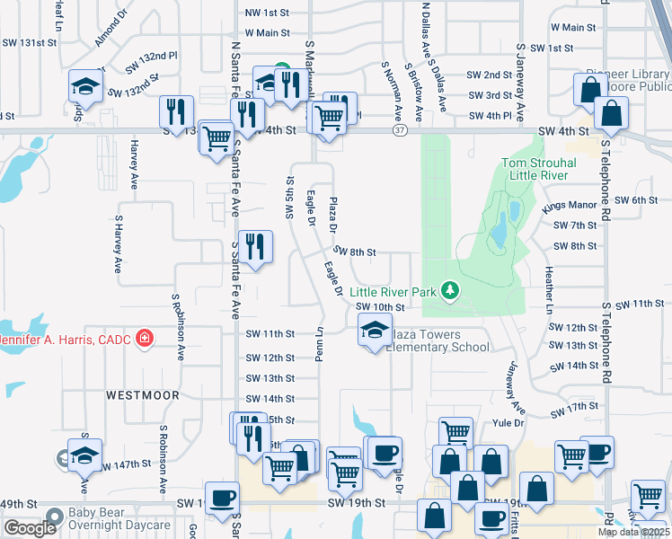 map of restaurants, bars, coffee shops, grocery stores, and more near 912 Eagle Drive in Moore