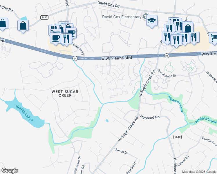 map of restaurants, bars, coffee shops, grocery stores, and more near 5745 Cougar Lane in Charlotte
