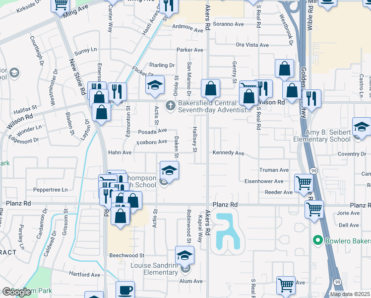 map of restaurants, bars, coffee shops, grocery stores, and more near 4012 Hahn Avenue in Bakersfield
