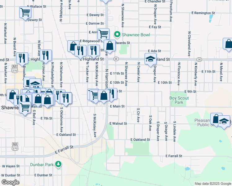 map of restaurants, bars, coffee shops, grocery stores, and more near 999 East 9th Street in Shawnee