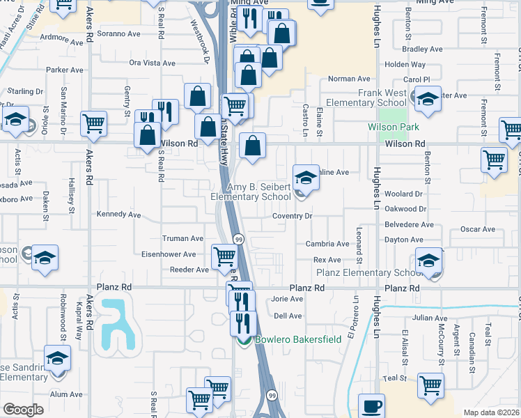 map of restaurants, bars, coffee shops, grocery stores, and more near 2809 Villalovos Court in Bakersfield