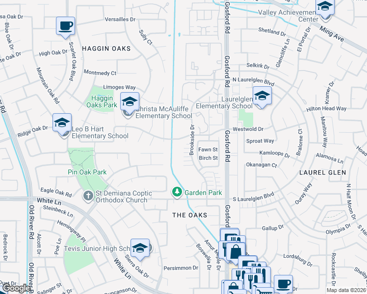 map of restaurants, bars, coffee shops, grocery stores, and more near 2823 Brookside Drive in Bakersfield