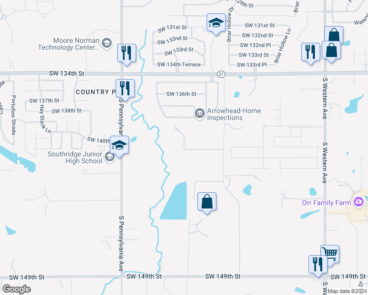 map of restaurants, bars, coffee shops, grocery stores, and more near 1321 Southwest 140th Street in Oklahoma City