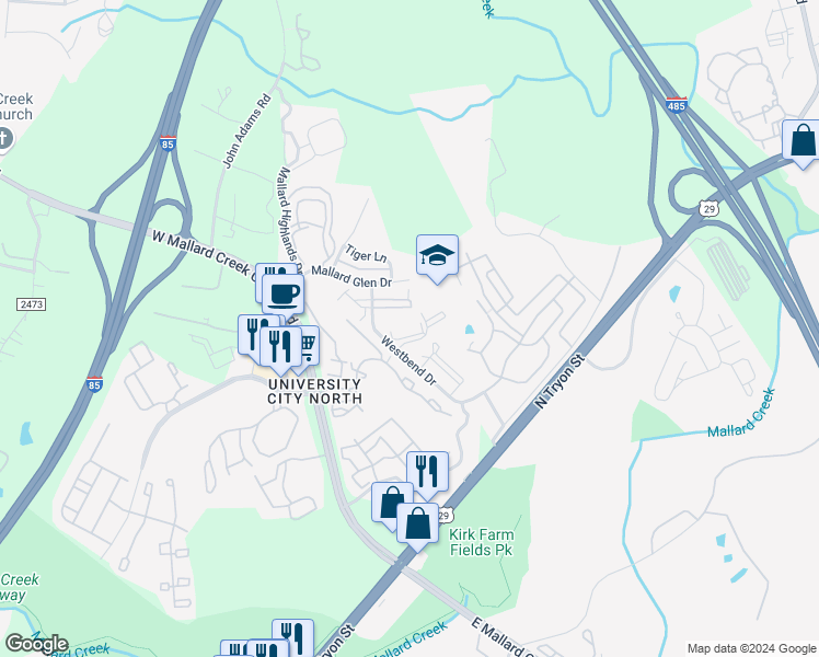 map of restaurants, bars, coffee shops, grocery stores, and more near 9839 Hyde Glen Court in Charlotte