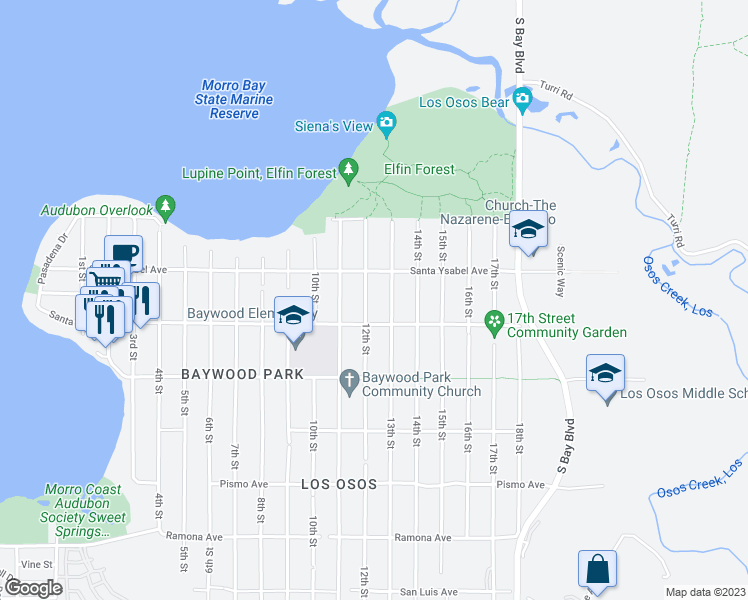 map of restaurants, bars, coffee shops, grocery stores, and more near 1246 12th Street in Baywood-Los Osos