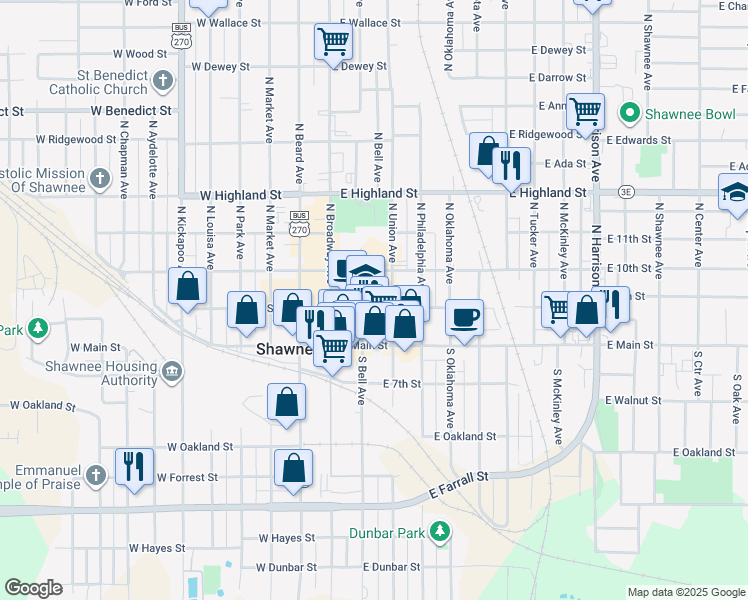 map of restaurants, bars, coffee shops, grocery stores, and more near 108 East 9th Street in Shawnee