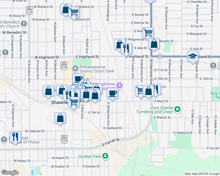 map of restaurants, bars, coffee shops, grocery stores, and more near 201 North Oklahoma Avenue in Shawnee