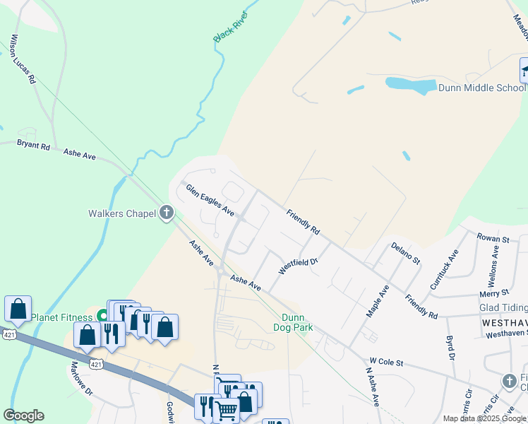 map of restaurants, bars, coffee shops, grocery stores, and more near 117 Crescent Drive in Dunn
