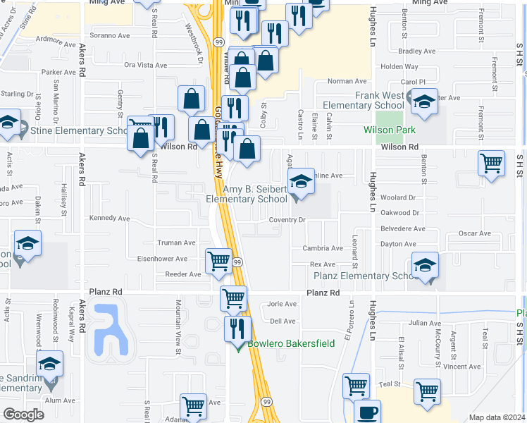 map of restaurants, bars, coffee shops, grocery stores, and more near 2716 Villalovos Court in Bakersfield