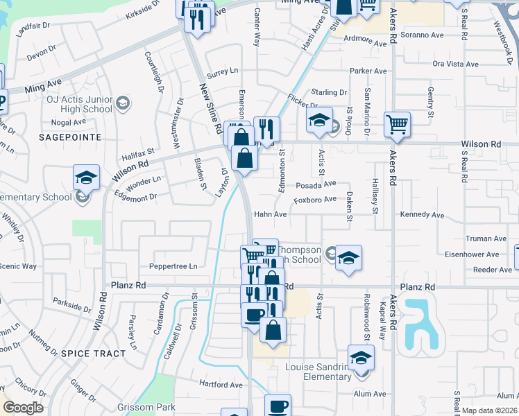 map of restaurants, bars, coffee shops, grocery stores, and more near 4813 Capella Court in Bakersfield