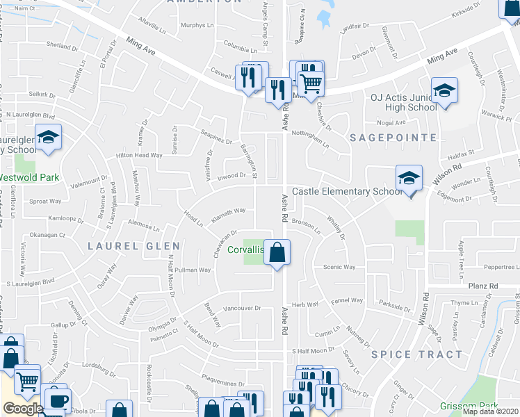 map of restaurants, bars, coffee shops, grocery stores, and more near 2800 Barrington Street in Bakersfield