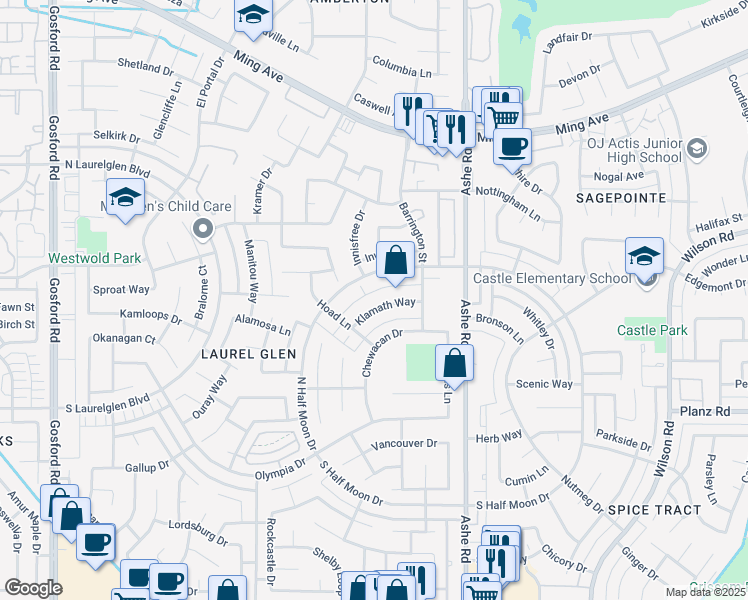 map of restaurants, bars, coffee shops, grocery stores, and more near 6904 North Half Moon Drive in Bakersfield