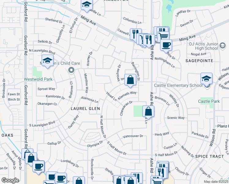map of restaurants, bars, coffee shops, grocery stores, and more near 6904 North Half Moon Drive in Bakersfield