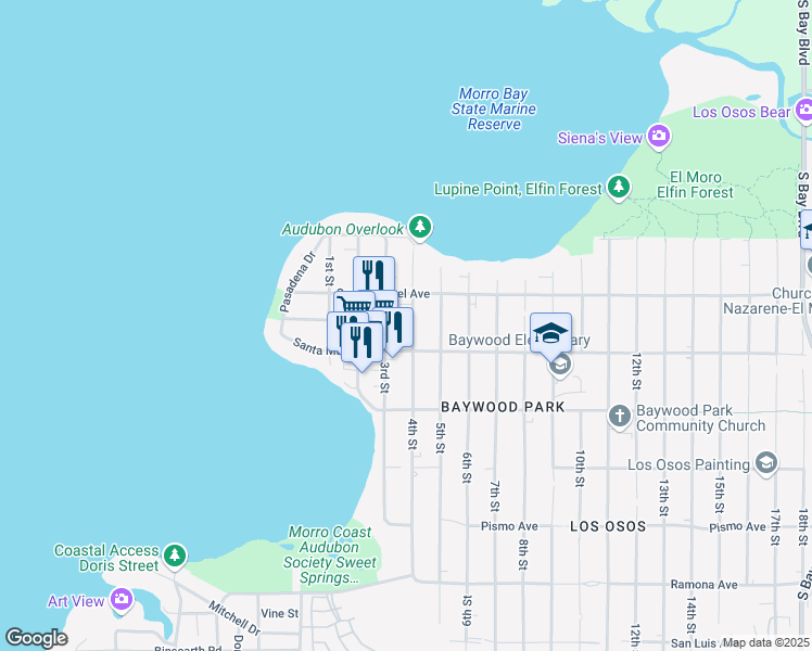 map of restaurants, bars, coffee shops, grocery stores, and more near 1224 4th Street in Baywood-Los Osos