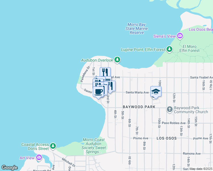 map of restaurants, bars, coffee shops, grocery stores, and more near 1225 3rd Street in San Luis Obispo