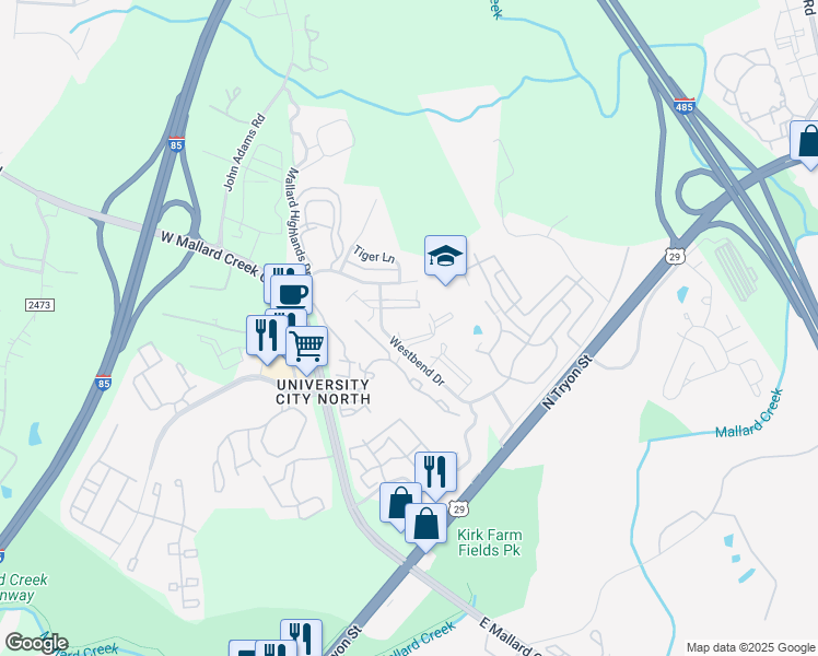 map of restaurants, bars, coffee shops, grocery stores, and more near 11216 Hyde Pointe Court in Charlotte
