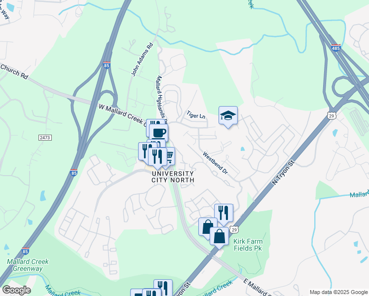 map of restaurants, bars, coffee shops, grocery stores, and more near 11138 Hyde Pointe Court in Charlotte