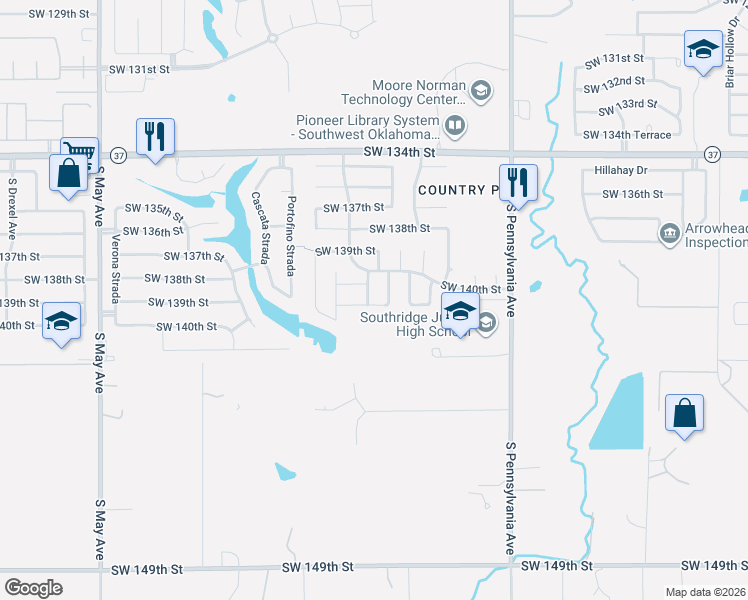 map of restaurants, bars, coffee shops, grocery stores, and more near 2400 Southwest 141st Terrace in Oklahoma City