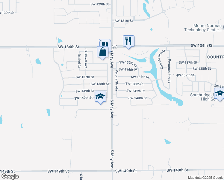 map of restaurants, bars, coffee shops, grocery stores, and more near 14025 South May Avenue in Oklahoma City