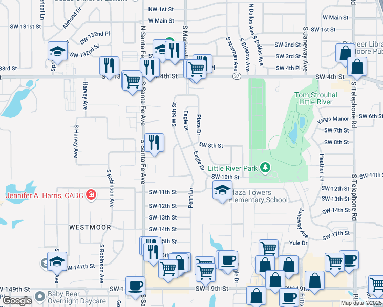 map of restaurants, bars, coffee shops, grocery stores, and more near 900 Southwest 8th Street in Moore