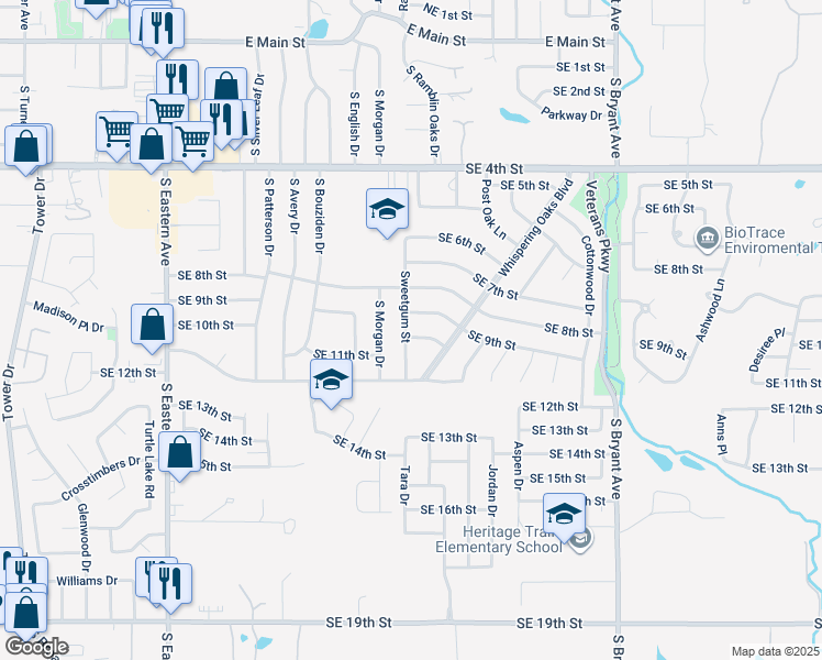 map of restaurants, bars, coffee shops, grocery stores, and more near 1401 Southeast 10th Street in Moore