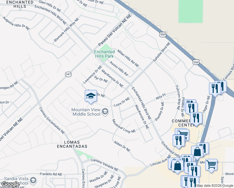 map of restaurants, bars, coffee shops, grocery stores, and more near 4208 Tobol Court Northeast in Rio Rancho