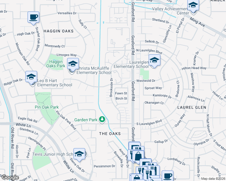 map of restaurants, bars, coffee shops, grocery stores, and more near 2801 Brookside Drive in Bakersfield