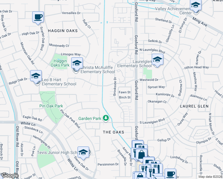 map of restaurants, bars, coffee shops, grocery stores, and more near 2801 Brookside Drive in Bakersfield