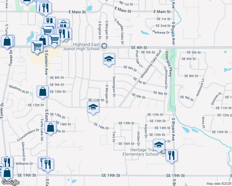 map of restaurants, bars, coffee shops, grocery stores, and more near 1404 Southeast 9th Street in Moore