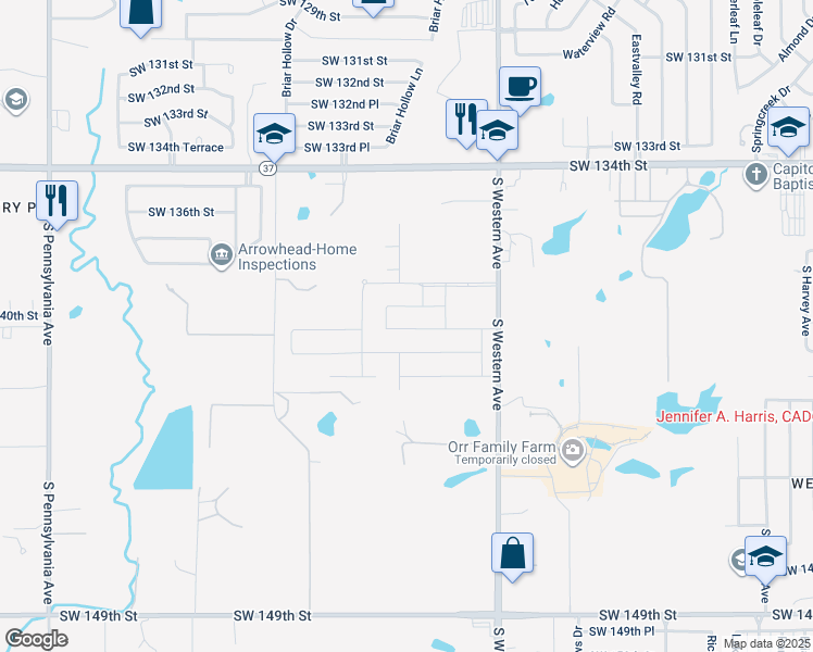 map of restaurants, bars, coffee shops, grocery stores, and more near 13501 South Western Avenue in Oklahoma City