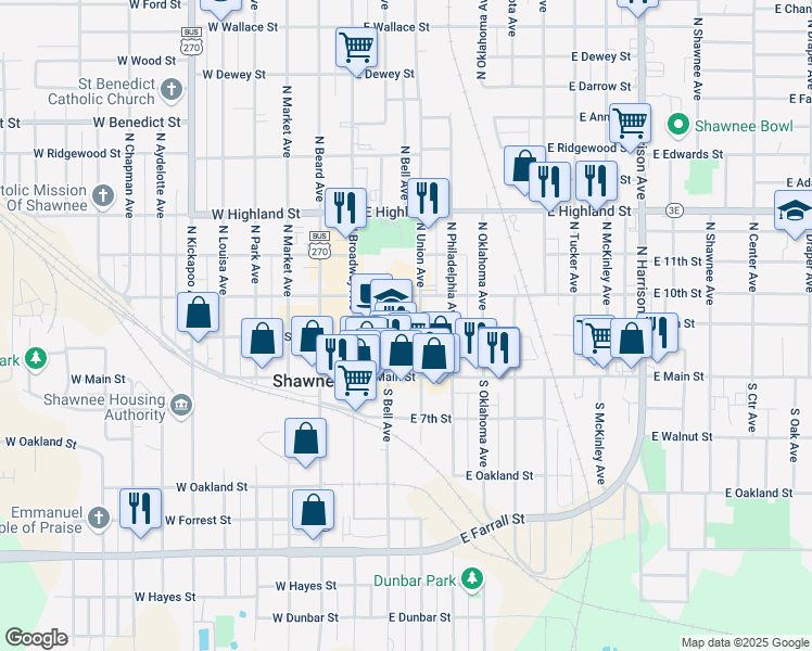 map of restaurants, bars, coffee shops, grocery stores, and more near 108 East 9th Street in Shawnee