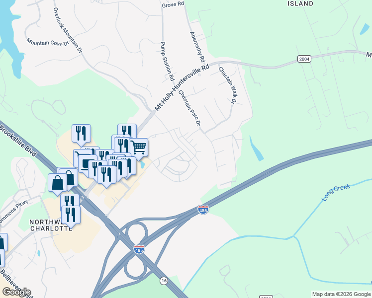 map of restaurants, bars, coffee shops, grocery stores, and more near 10776 Overlook Mountain Drive in Charlotte