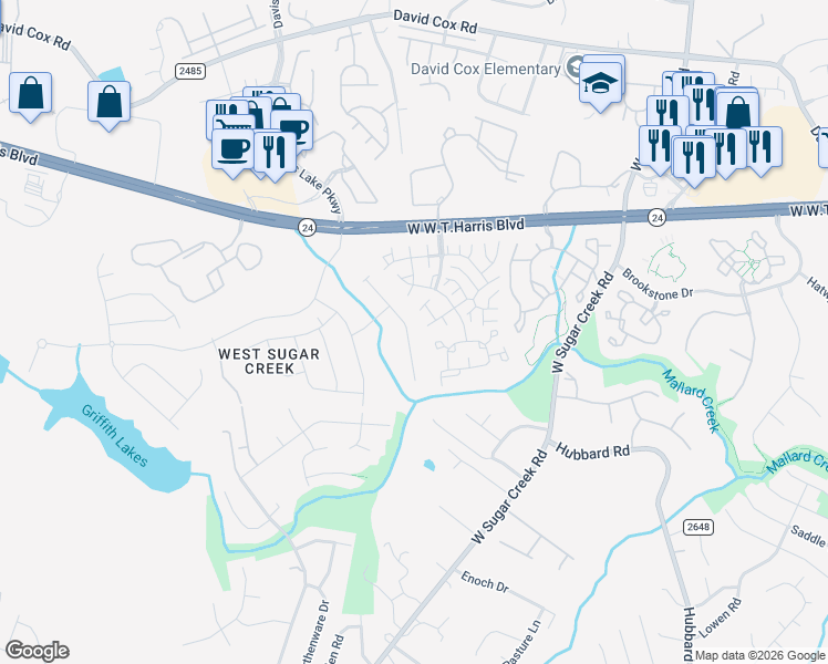 map of restaurants, bars, coffee shops, grocery stores, and more near 5966 Moose Lane in Charlotte