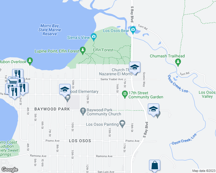 map of restaurants, bars, coffee shops, grocery stores, and more near 1247 15th Street in Baywood-Los Osos