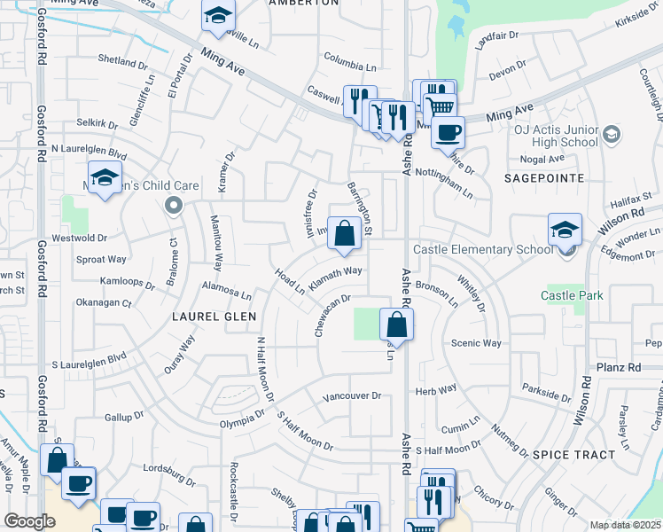 map of restaurants, bars, coffee shops, grocery stores, and more near 6713 Klamath Way in Bakersfield
