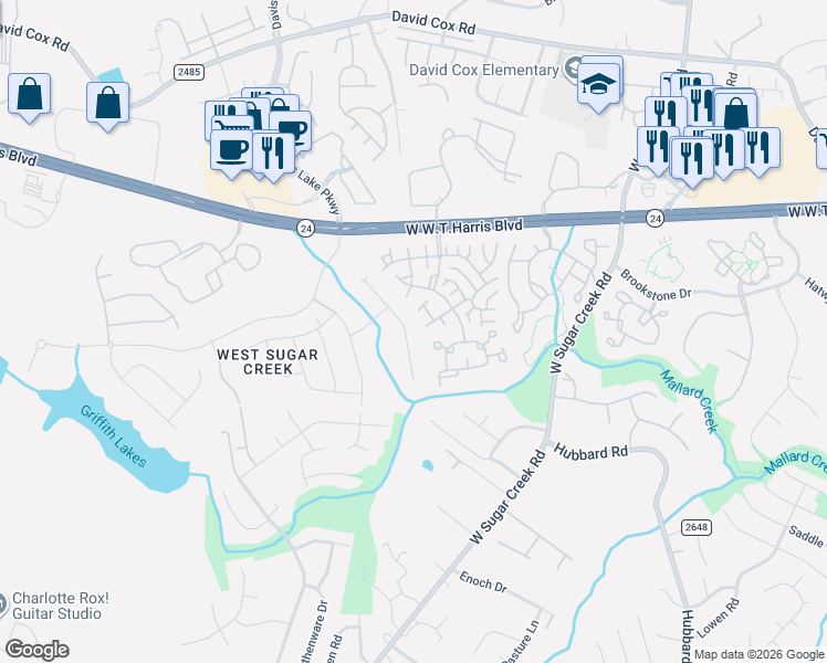 map of restaurants, bars, coffee shops, grocery stores, and more near 5966 Moose Lane in Charlotte