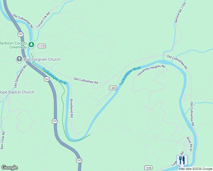 map of restaurants, bars, coffee shops, grocery stores, and more near 15 High Line Road in Sylva