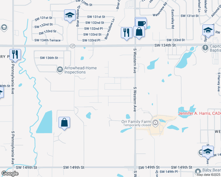 map of restaurants, bars, coffee shops, grocery stores, and more near 13501 South Western Avenue in Oklahoma City