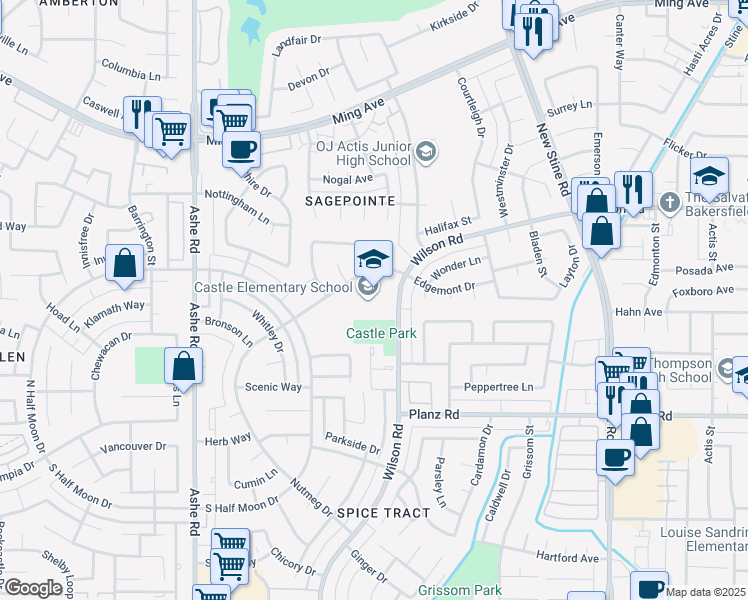 map of restaurants, bars, coffee shops, grocery stores, and more near 6001 Edgemont Drive in Bakersfield