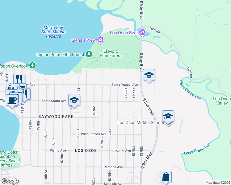 map of restaurants, bars, coffee shops, grocery stores, and more near 1247 15th Street in Baywood-Los Osos