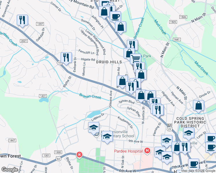map of restaurants, bars, coffee shops, grocery stores, and more near 1708 Haywood Road in Hendersonville