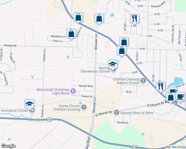 map of restaurants, bars, coffee shops, grocery stores, and more near 501 Strozier Lane in Barling