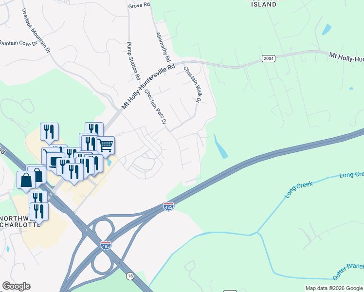 map of restaurants, bars, coffee shops, grocery stores, and more near 10810 Chastain Parc Drive in Charlotte