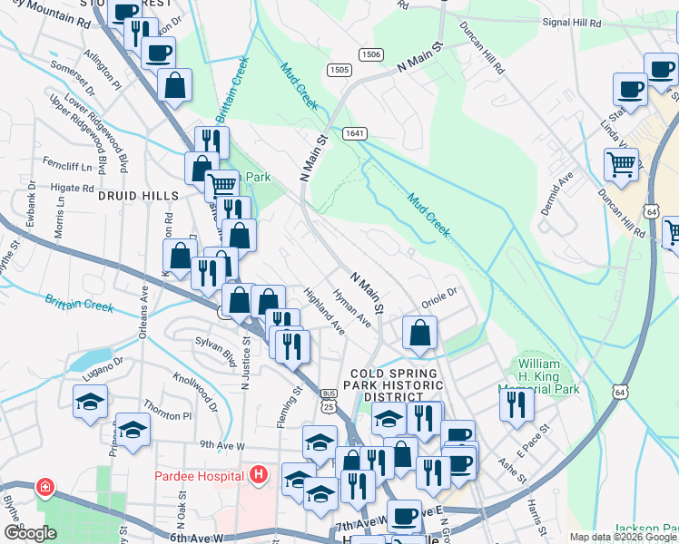 map of restaurants, bars, coffee shops, grocery stores, and more near 1297 North Main Street in Hendersonville